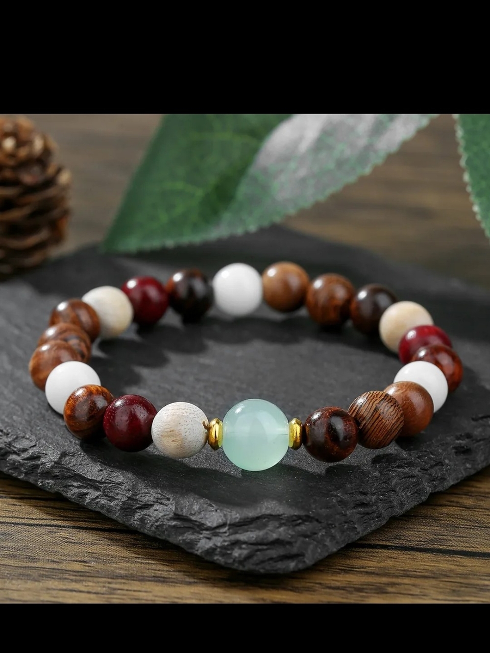 Handcrafted Multicolor Wood & Green Gemstone Beaded Stretch Bracelet